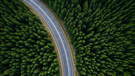 A down perspective of a curved road passing through a lush green forest of evergreen trees.