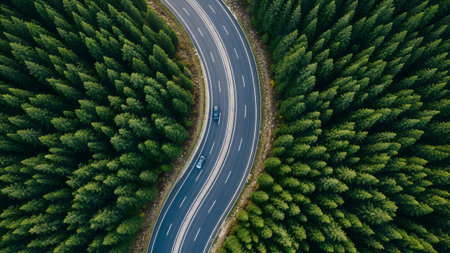 An aerial perspective a winding asphalt road cutting through a dense green pine forest....