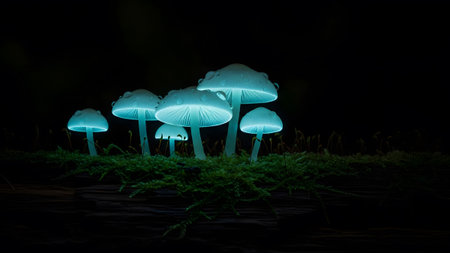 A cluster of bioluminescent mushrooms glowing with a soft blue light on a dark mossy forest floor.