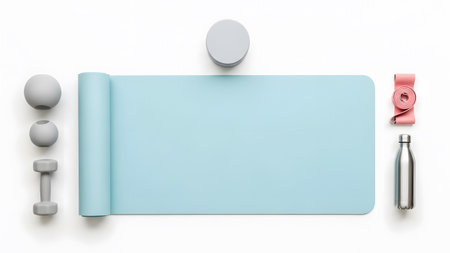 A light blue yoga mat surrounded by grey dumbbells, a water bottle, and pink resistance bands.