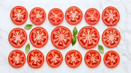Slices of fresh red tomatoes arranged in a grid with green basil leaves on a white marble surface.