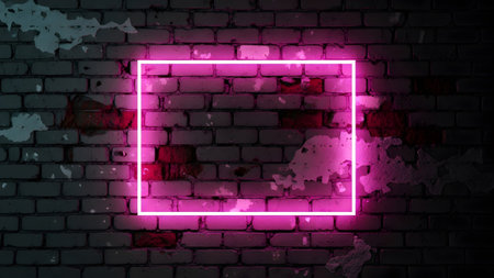 A bright pink neon rectangular frame mounted on a dark textured brick wall with visible shadows.