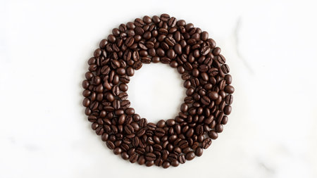 A circular arrangement of dark roasted coffee beans centered on a smooth white marble surface area.