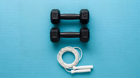 Two black dumbbells and a coiled white jump rope positioned on a textured light blue yoga mat base.