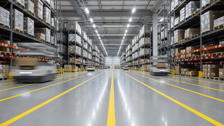 Automated robots move through a large warehouse with metal shelving and yellow floor markings.