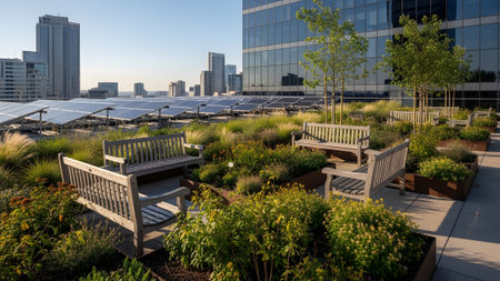A rooftop garden with wooden benches and solar panels overlooking a modern city skyline at sunset.