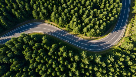 A winding asphalt road curves through a dense green forest viewed from a altitude perspective.