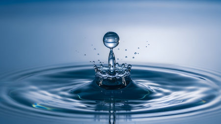 A water drop hits a blue liquid surface, resulting in a crown splash and expanding circular waves.