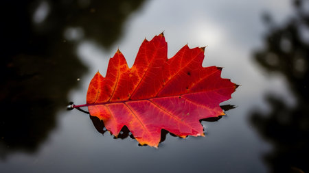 A vibrant red oak leaf rests on a calm water surface reflecting a blurred forest environment above.