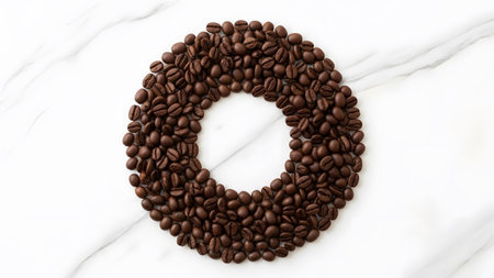 Dark roasted coffee beans are arranged to form a circle on a white marble stone surface.