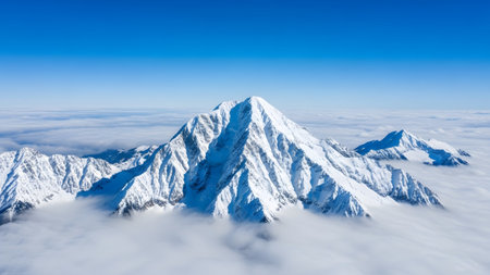 A altitude aerial perspective showing jagged snow covered mountain peaks piercing thick clouds.