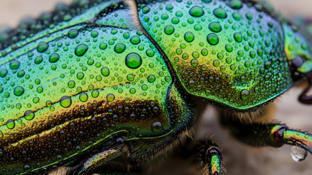Extreme macro shot showing the textured surface of a green beetle covered in glistening dew drops.