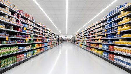 A symmetrical view down a long supermarket aisle with rows of colorful products on tall shelves.