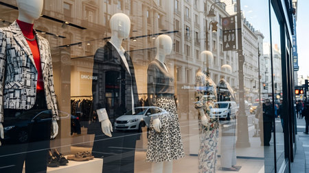 Several mannequins dressed in fashionable clothing stand inside a boutique window on a city street.