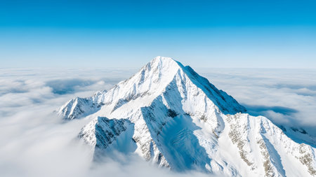 A sharp snow covered mountain peak rises above a dense layer of white clouds under blue sky.