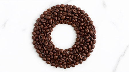 A down view of dark roasted coffee beans arranged in a circular ring on a white marble surface.