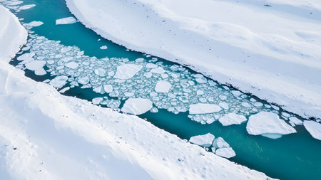 A down view of a bright blue river filled with many small ice chunks amidst a white snow field.