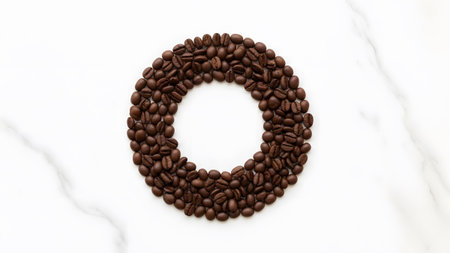 A circular arrangement of roasted dark brown coffee beans centered on a white marble surface.