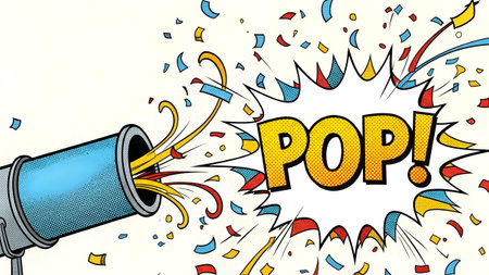 A blue party popper shoots out colorful confetti and streamers with a large yellow pop text bubble.