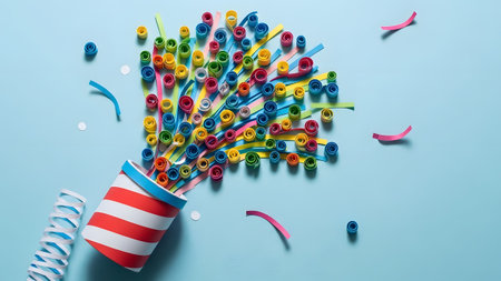 A red and white striped party popper releasing a burst of colorful paper spirals on blue surface.