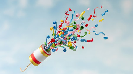 A party popper ejecting a vibrant explosion of curled paper streamers against a light blue sky.