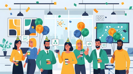 A corporate team celebrates success with balloons and coffee in a modern office environment.