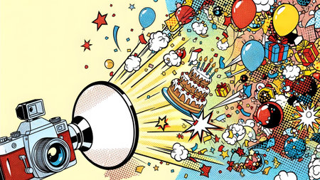A vintage camera lens emits light, revealing a vibrant explosion of birthday cake and party