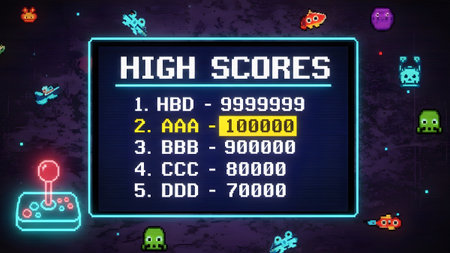 A neon-lit arcade game screen displaying scores surrounded by various floating pixelated