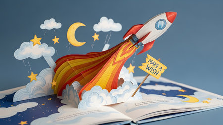 A paper craft pop up book a rocket launching with orange flames against a dark blue sky background.