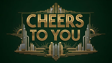 Gold deco typography reading cheers to you with geometric building on a dark background.