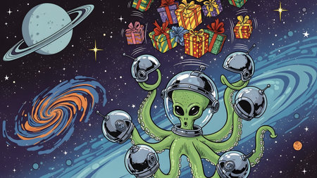 A green alien octopus wearing multiple helmets floating in space surrounded by many gift boxes.