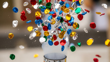 Multicolored paper confetti explodes into the air from a party popper during a festive event.