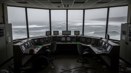 A ship bridge control room featuring multiple monitors overlooking a rough sea during a storm.