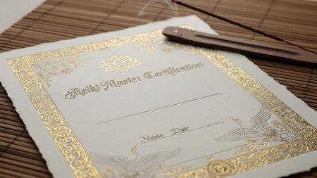A formal certificate with gold foil borders and crane lies on a bamboo surface....