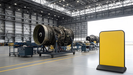 A blank yellow sign board stands in the foreground of a large hangar with jet engine equipment.