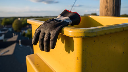 A black protective work glove resting on the edge of a yellow utility bucket aerial lift platform.