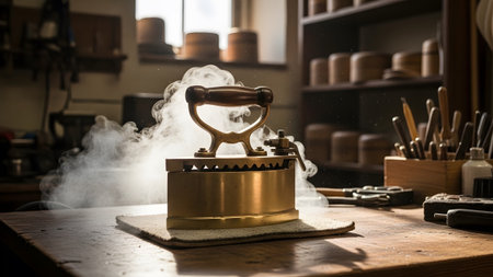 An antique brass smoothing iron emits steam on a wooden table surrounded by various craft tools.