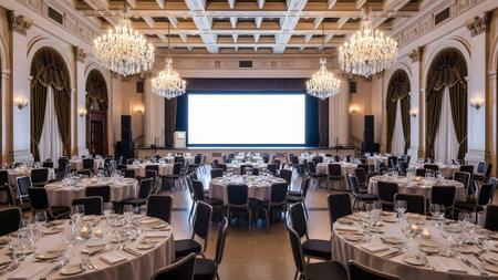 A large ballroom interior with a central projection screen and round tables prepared for guests.