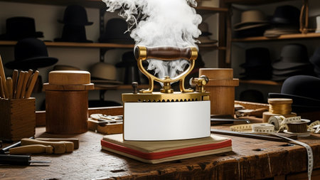 A vintage brass flat iron releases thick steam while resting on a wooden workbench in a hat shop.