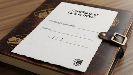 A carbon offset certificate with an earth rests on a brown leather notebook on a desk....