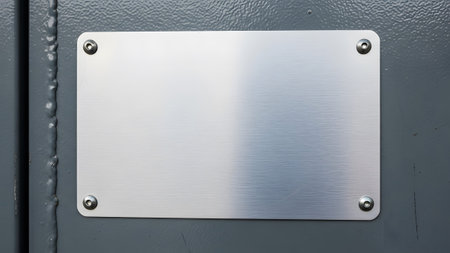 A rectangular brushed metal plate is bolted onto a dark grey industrial steel surface panel.