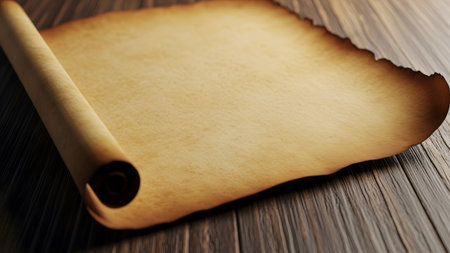 A single rolled parchment paper with burnt edges sits on a dark brown wooden surface texture.