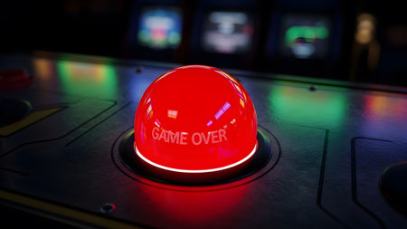 A large red dome arcade button with Game Over text glows in a dark retro game arcade room.