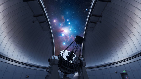 A large telescope is aimed at a colorful nebula visible through the open roof of an observatory.