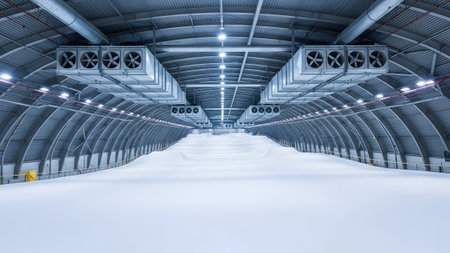 An indoor ski arena featuring a long white snow slope and rows of industrial ventilation fans.