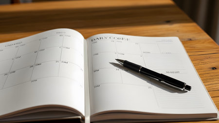 An open daily planner notebook lies on a wooden desk with a black pen resting on the white pages.
