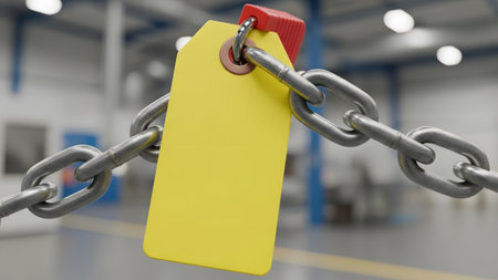 A blank yellow industrial tag hangs from a heavy metal chain inside a blurred factory setting.
