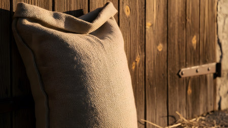 An open burlap sack leans against a weathered brown wooden barn door in warm golden sunlight.