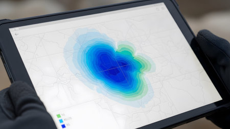 A digital tablet screen showing a blue gradient network coverage map with signal strength zones.