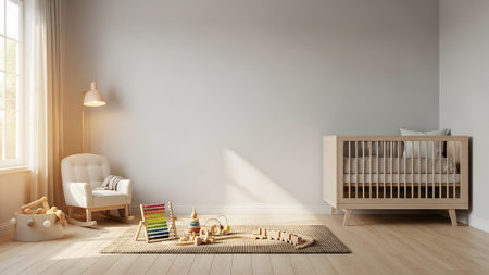 A bright nursery room featuring a wooden crib, a rocking chair, and various wooden toys on a rug.